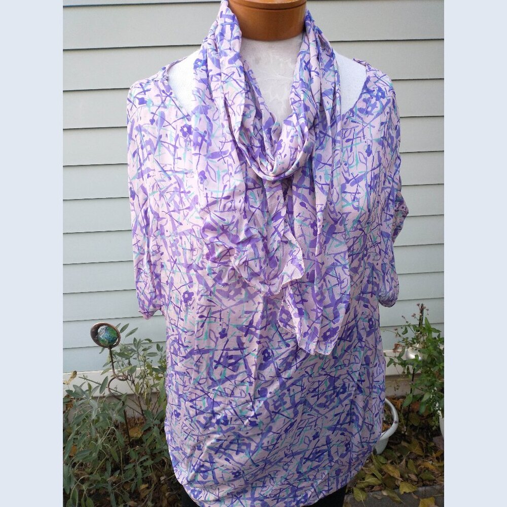 Blouse: Silk, violet short sleeve pullover, w/scarf. Size XL - by Zashi Ltd